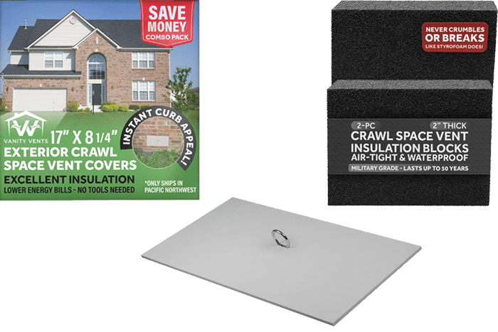 Exterior foundation vent cover and polyethylene foam inserts to keeps pipe from freezing in winter